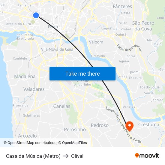 Casa da Música (Metro) to Olival map