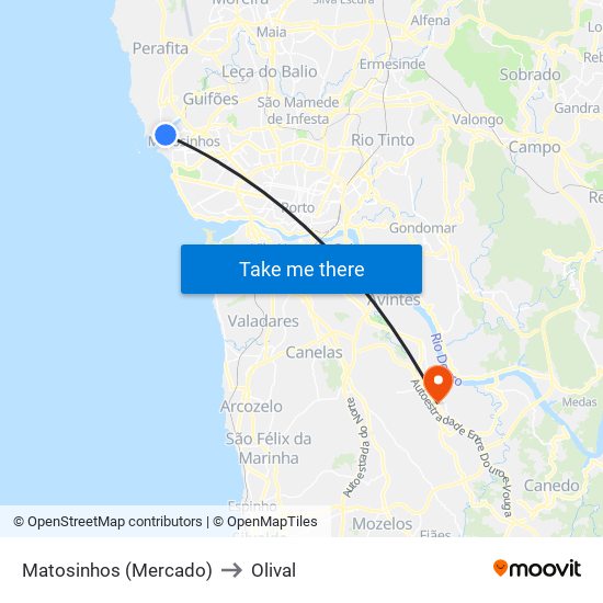 Matosinhos (Mercado) to Olival map