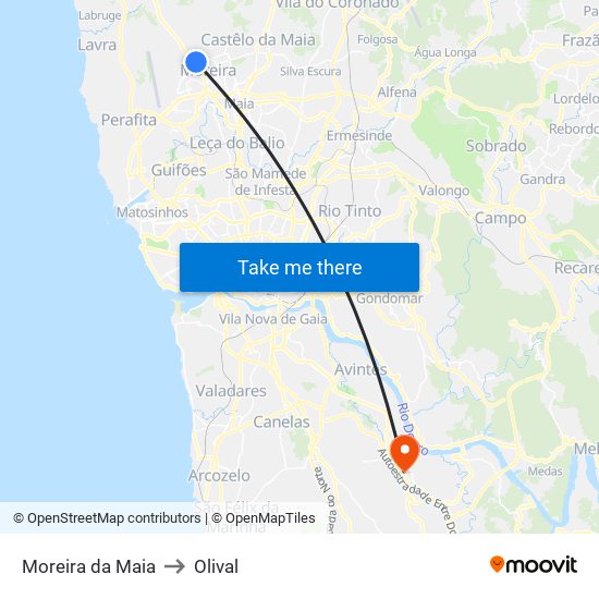 Moreira da Maia to Olival map