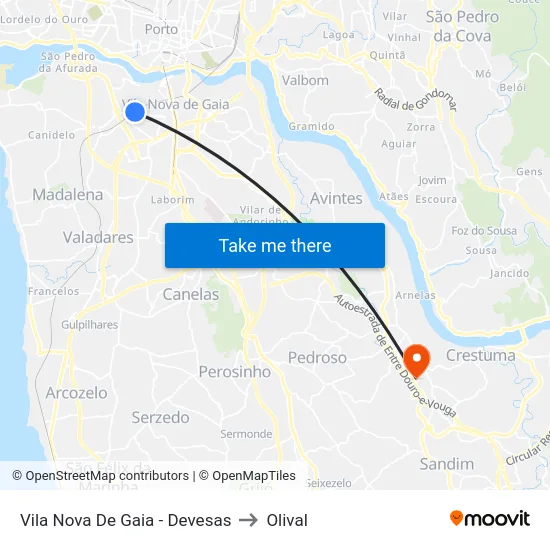 Vila Nova De Gaia - Devesas to Olival map