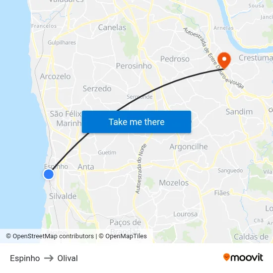 Espinho to Olival map