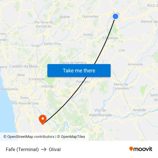 Fafe (Terminal) to Olival map
