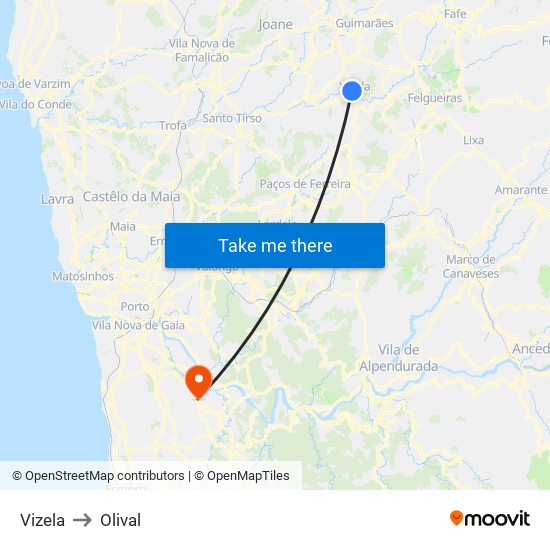 Vizela to Olival map