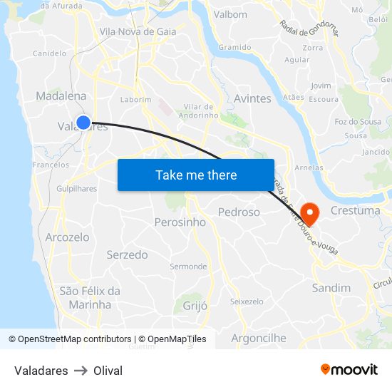 Valadares to Olival map
