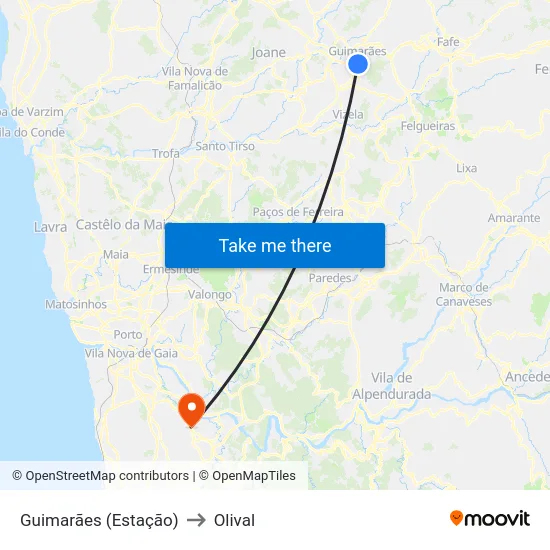Guimarães (Estação) to Olival map