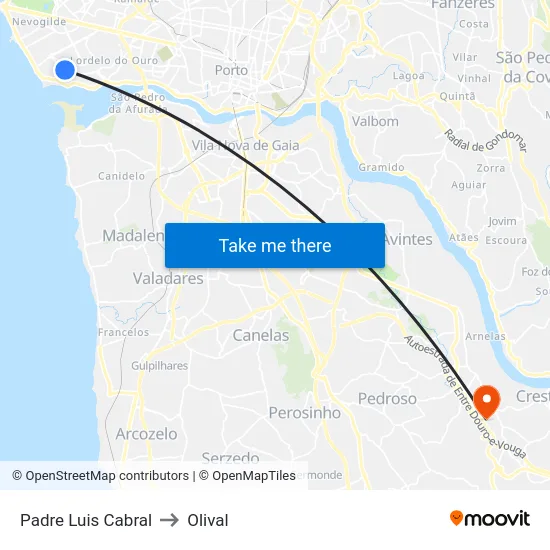 Padre Luis Cabral to Olival map