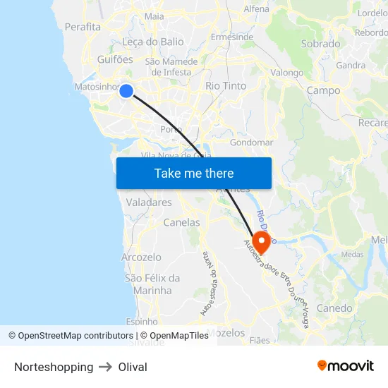 Norteshopping to Olival map