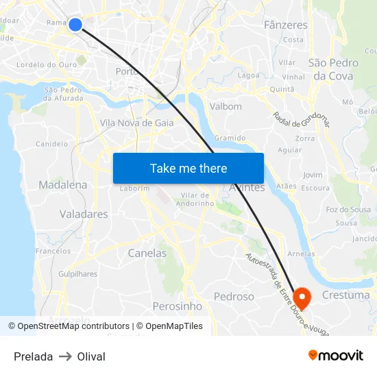 Prelada to Olival map