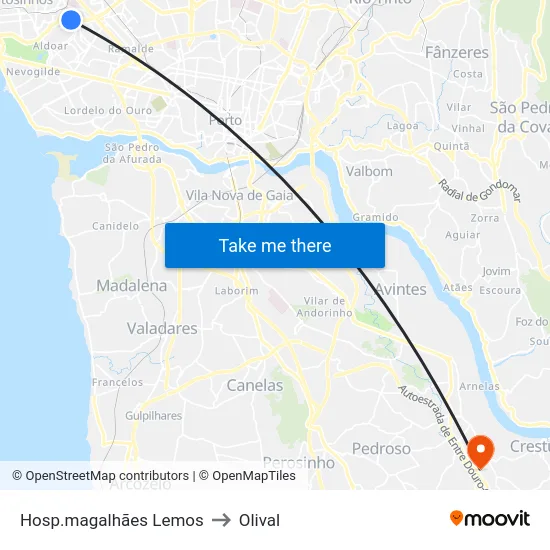 Hosp.magalhães Lemos to Olival map