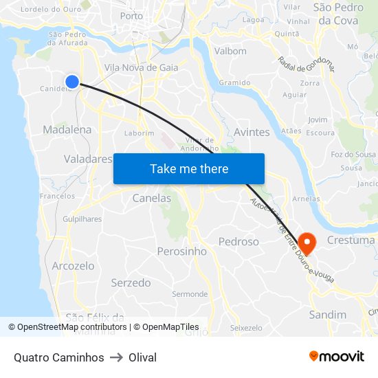 Quatro Caminhos to Olival map