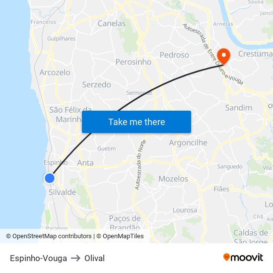 Espinho-Vouga to Olival map