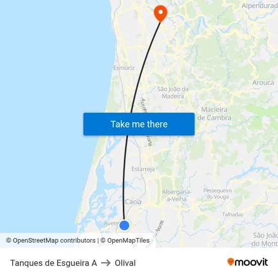 Tanques de Esgueira A to Olival map