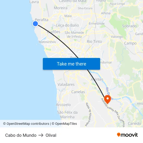 Cabo do Mundo to Olival map