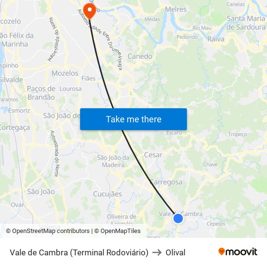 Vale de Cambra (Terminal Rodoviário) to Olival map