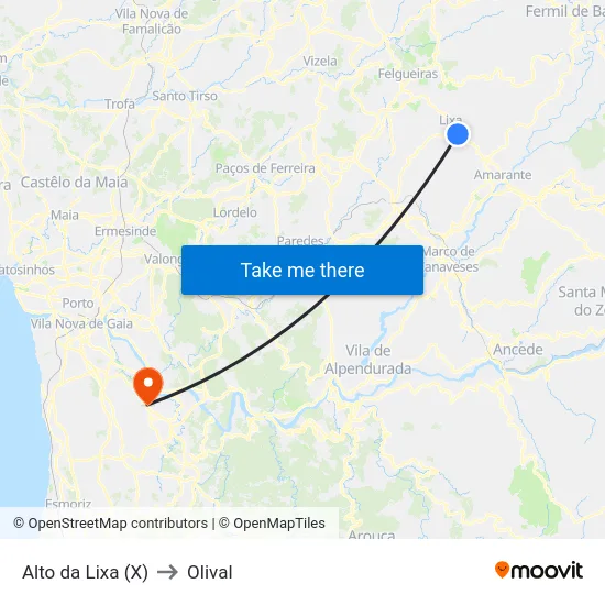 Alto da Lixa (X) to Olival map