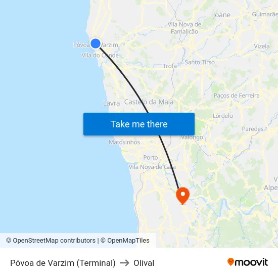 Póvoa de Varzim (Terminal) to Olival map