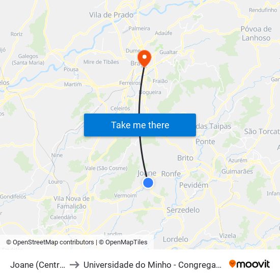 Joane (Centro) to Universidade do Minho - Congregados map