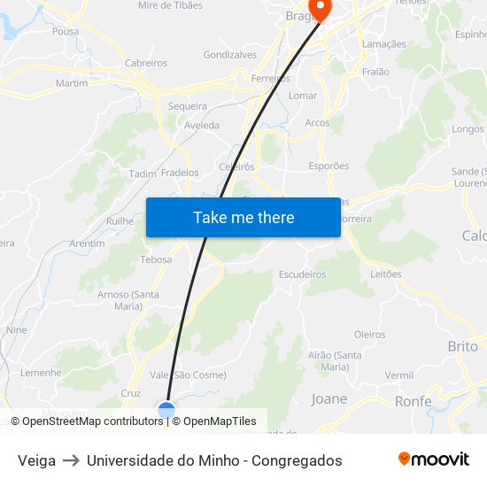 Veiga to Universidade do Minho - Congregados map