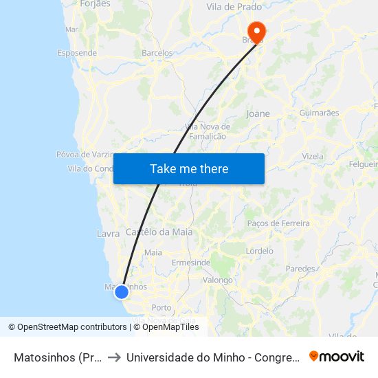 Matosinhos (Praia) to Universidade do Minho - Congregados map