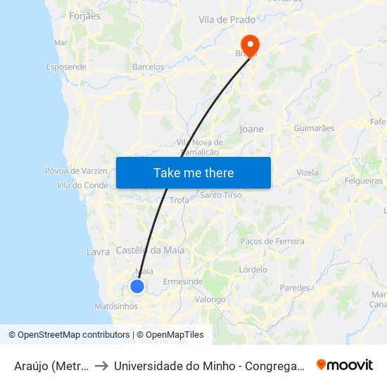 Araújo (Metro) to Universidade do Minho - Congregados map