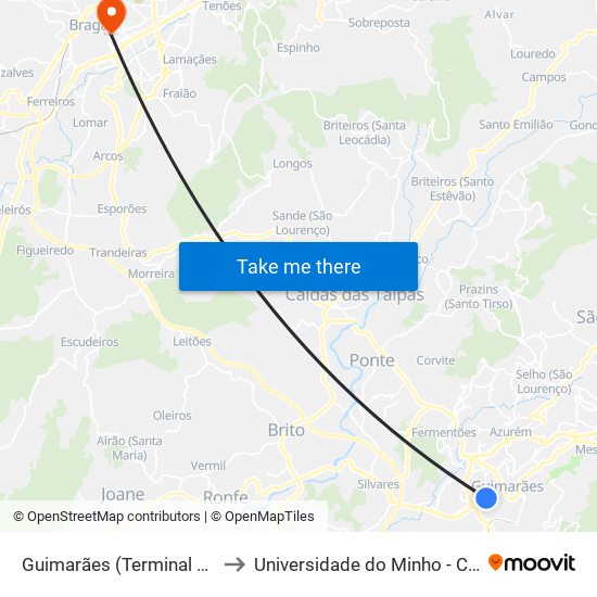 Guimarães (Terminal Rodoviário) to Universidade do Minho - Congregados map