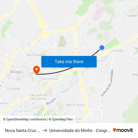 Nova Santa Cruz (Um) to Universidade do Minho - Congregados map