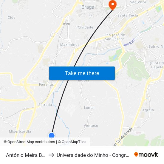 António Meira Braga to Universidade do Minho - Congregados map