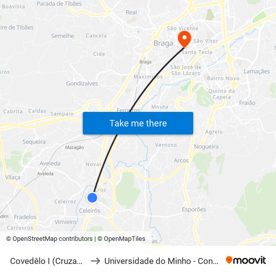 Covedêlo I (Cruzamento) to Universidade do Minho - Congregados map