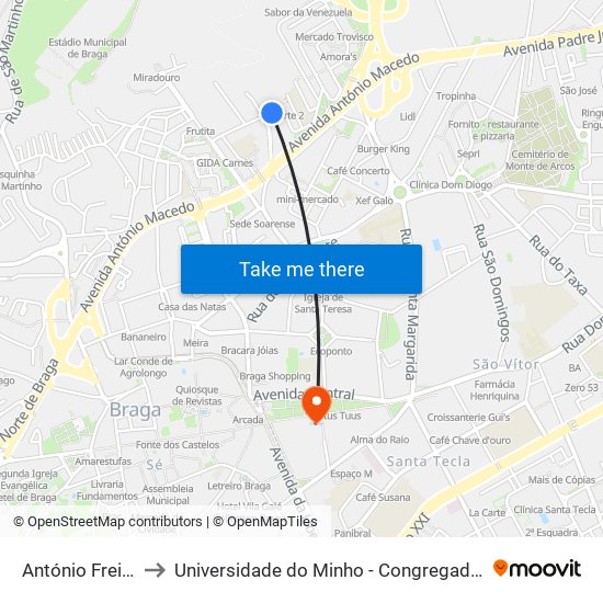 António Freire to Universidade do Minho - Congregados map