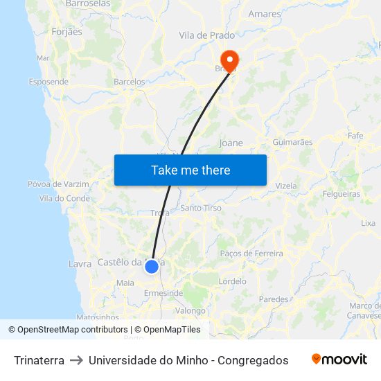 Trinaterra to Universidade do Minho - Congregados map