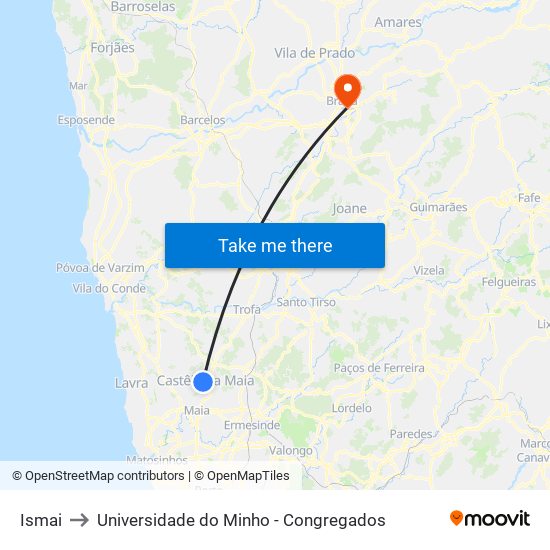 Ismai to Universidade do Minho - Congregados map