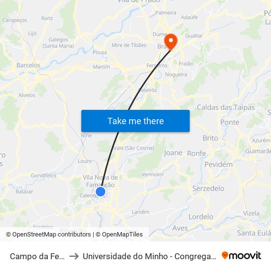 Campo da Feira to Universidade do Minho - Congregados map
