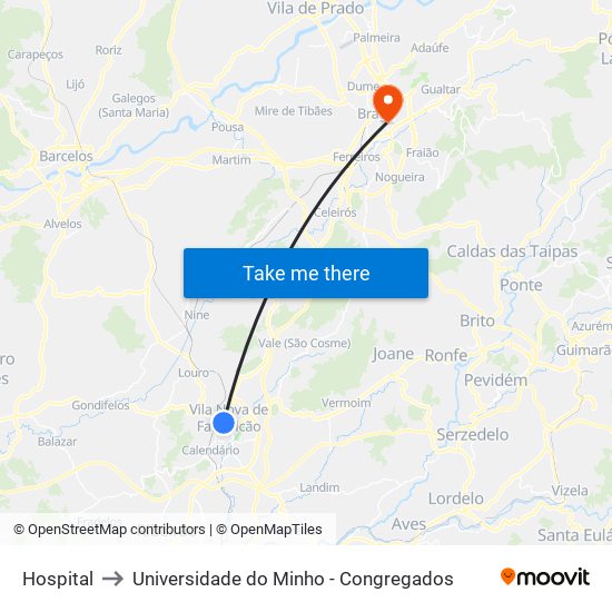 Hospital to Universidade do Minho - Congregados map