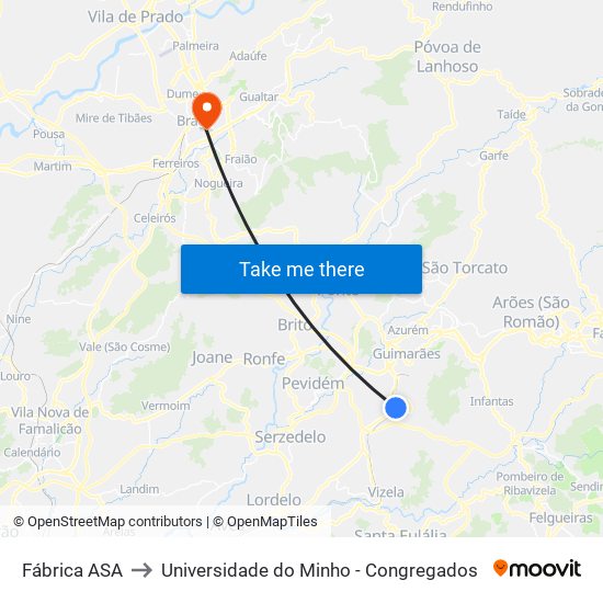 Fábrica ASA to Universidade do Minho - Congregados map