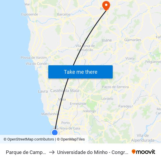 Parque de Campismo to Universidade do Minho - Congregados map