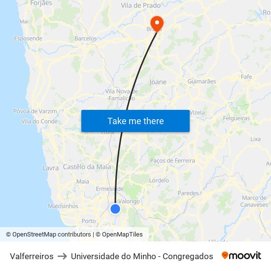 Valferreiros to Universidade do Minho - Congregados map