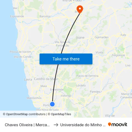 Chaves Oliveira | Mercado Abastecedor to Universidade do Minho - Congregados map