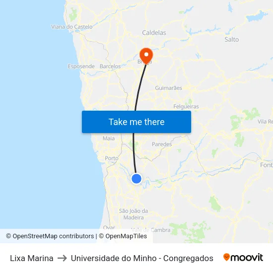Lixa Marina to Universidade do Minho - Congregados map