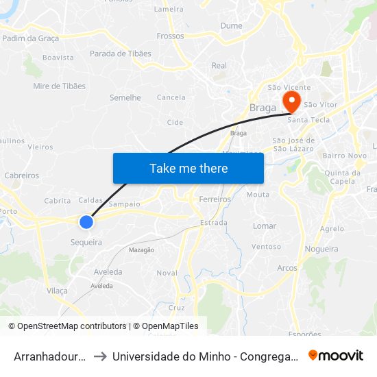 Arranhadouro I to Universidade do Minho - Congregados map