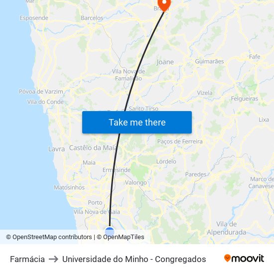 Farmácia to Universidade do Minho - Congregados map