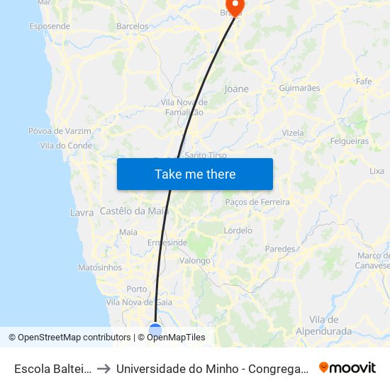 Escola Balteiro to Universidade do Minho - Congregados map