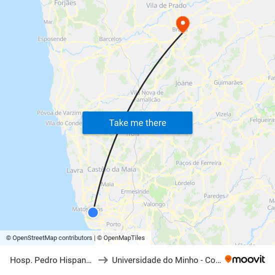 Hosp. Pedro Hispano (Metro) to Universidade do Minho - Congregados map