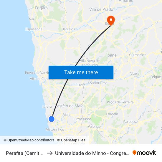 Perafita (Cemitério) to Universidade do Minho - Congregados map