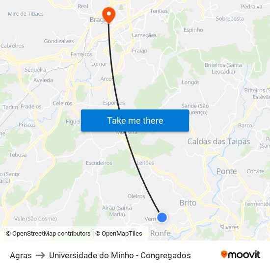 Agras to Universidade do Minho - Congregados map