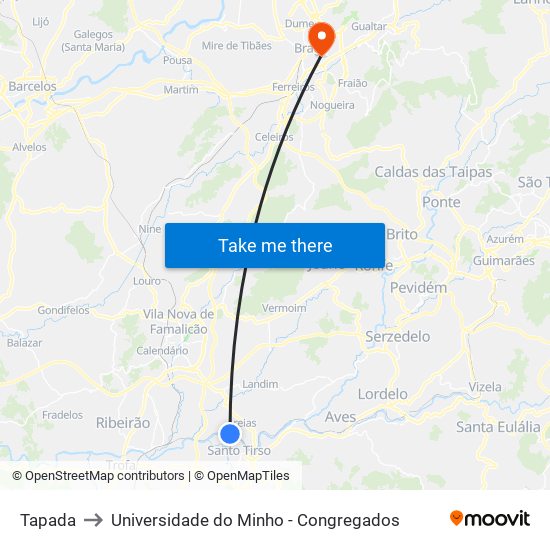 Tapada to Universidade do Minho - Congregados map