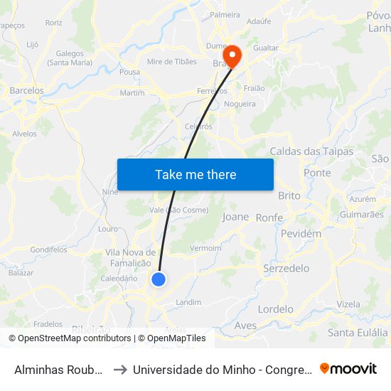 Alminhas Roubadas to Universidade do Minho - Congregados map