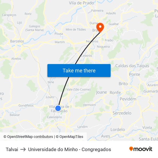 Talvai to Universidade do Minho - Congregados map