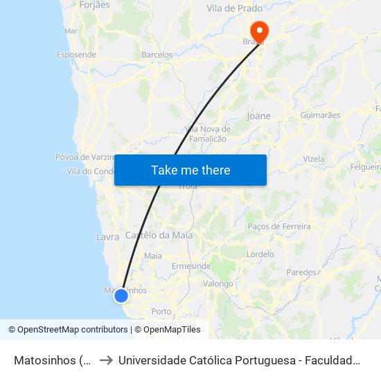 Matosinhos (Praia) to Universidade Católica Portuguesa - Faculdade de Teologia map