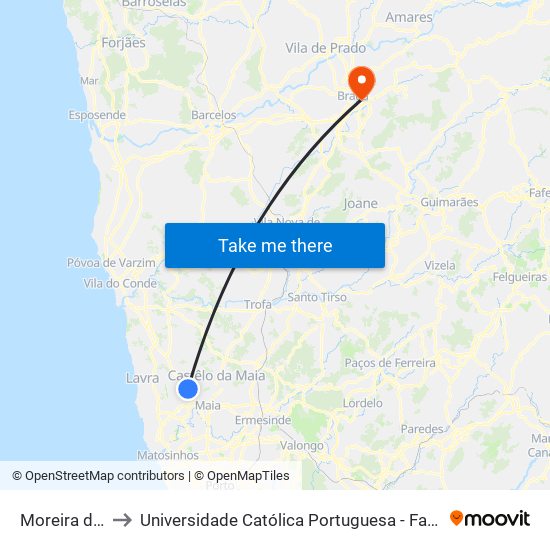 Moreira da Maia to Universidade Católica Portuguesa - Faculdade de Teologia map