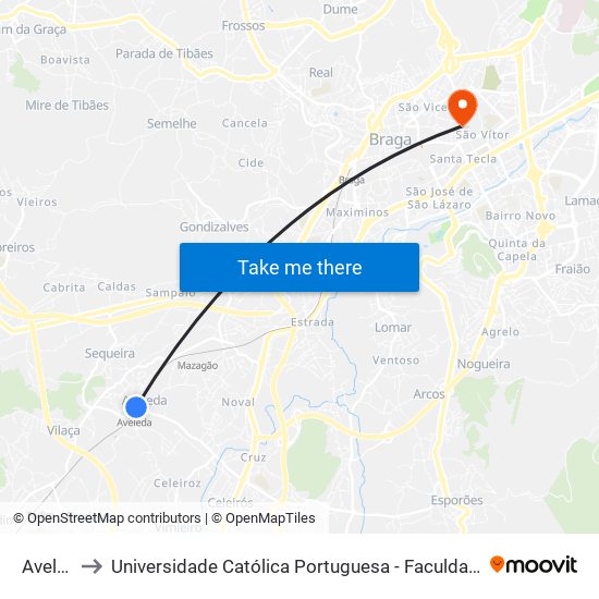 Aveleda to Universidade Católica Portuguesa - Faculdade de Teologia map